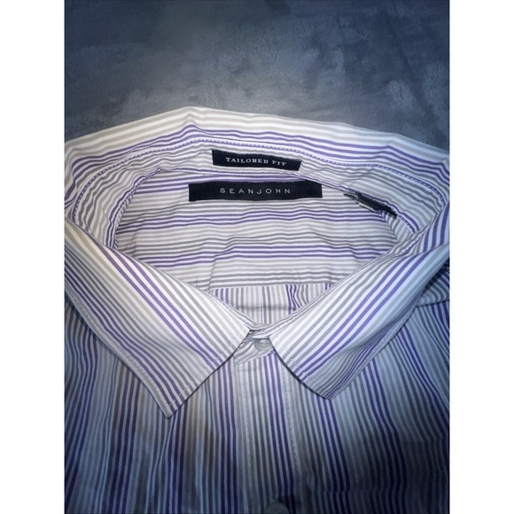 Sean John Stitched  LONG SLEEVE SHIRT Size 2XL  Purple Gray White Stripes - Picture 2 of 10